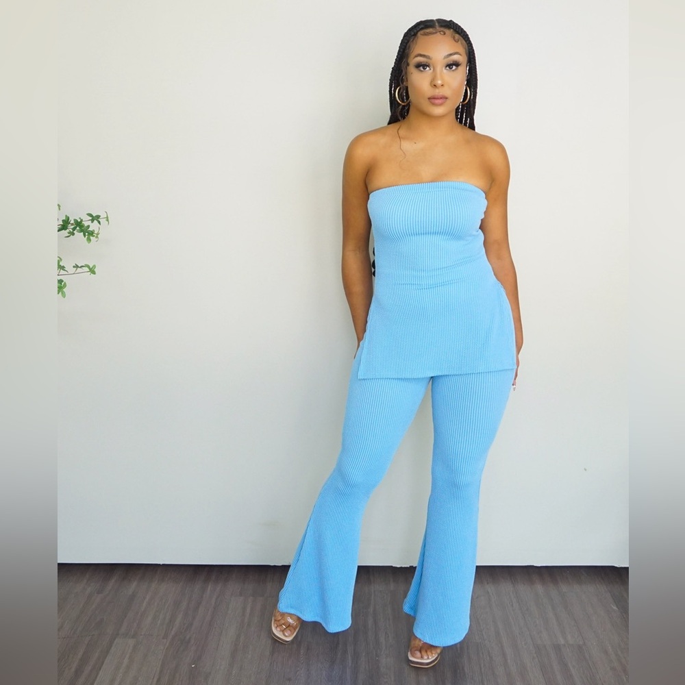 Sky Blue Ribbed Tube Top & Wide Leg Pants Set